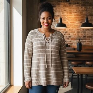 Old Navy Beige/White Striped Lace up Tunic Sweater